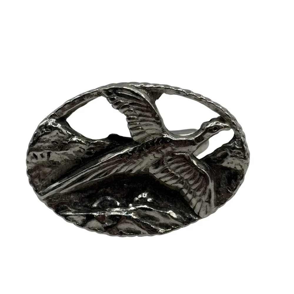 Bird Pheasant In Flight Cufflinks Silver Tone‎ Hunting Oval Open Work Nature